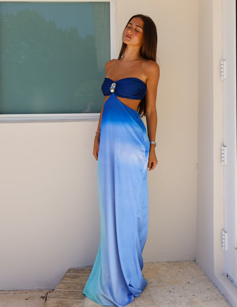 blue ombre maxi dress UK 14 (US 10) Stunning Vintage Turquoise/aqua & Purple Silk Chiffon Beaded Evening Star by Julien Macdonald Unworn Beach Vacation Halterneck Cross Over Strappy Cut