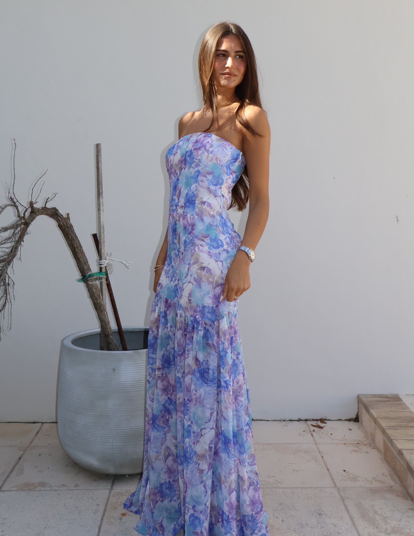 blue purple floral dress Dainty pink A-line maxi dress with blue-flowered pattern, Glow-Up XXL / 12 / Pink-Blue main image 0