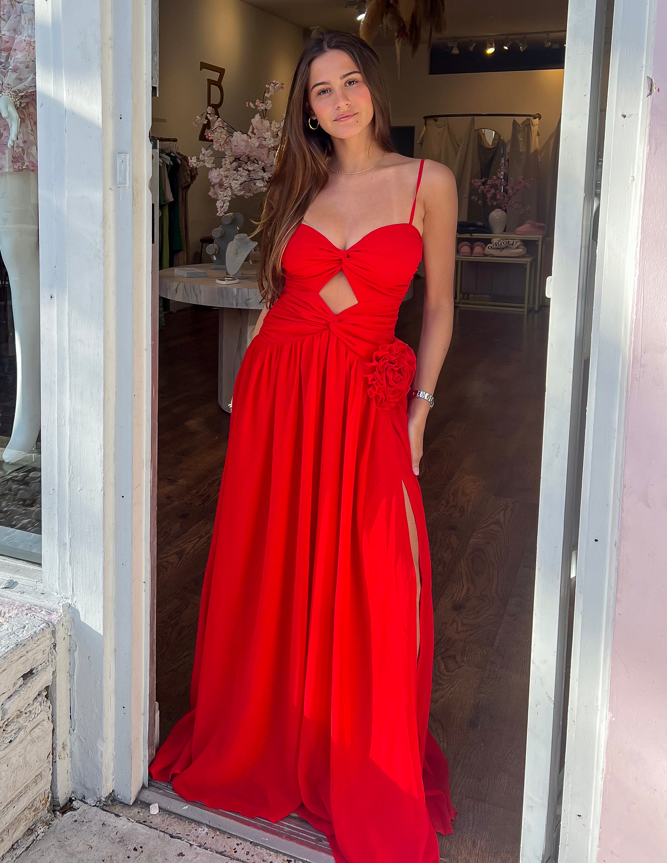 Rosette Maxi Dress - Red