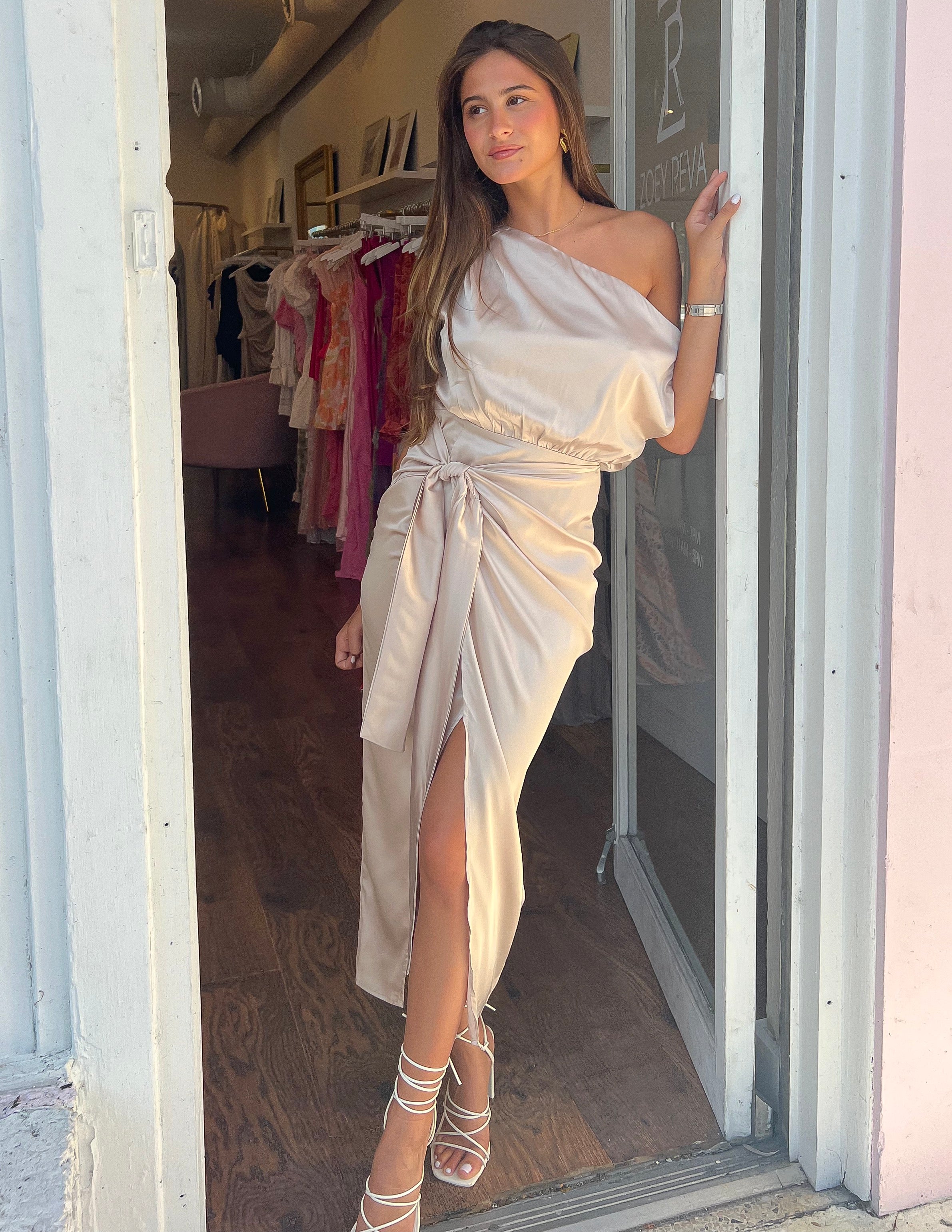 Champagne silk midi dress top